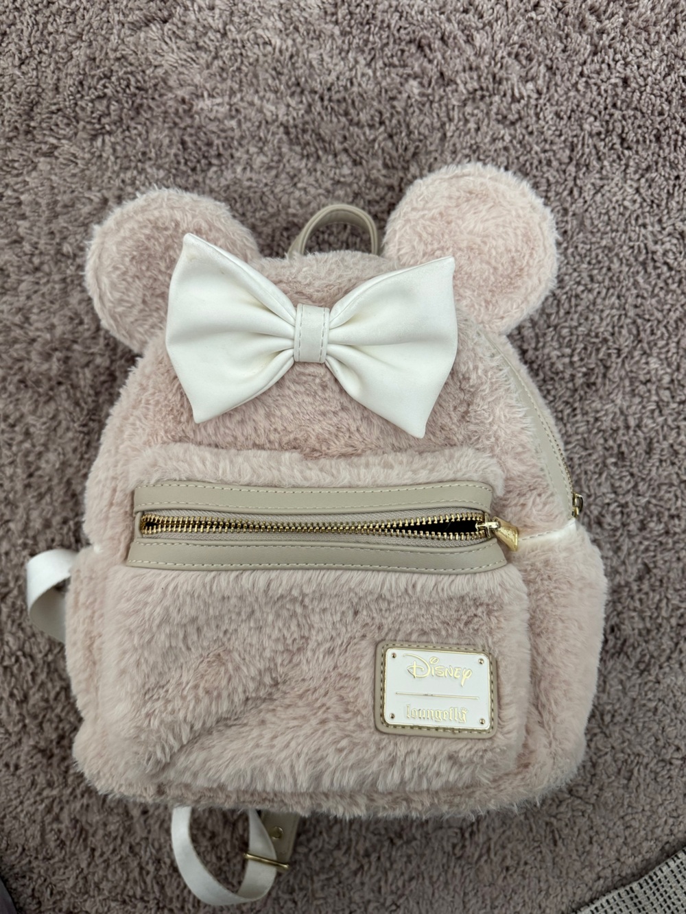 Loungefly Disney Plush Blush Beige Tan Backpack with White Bow